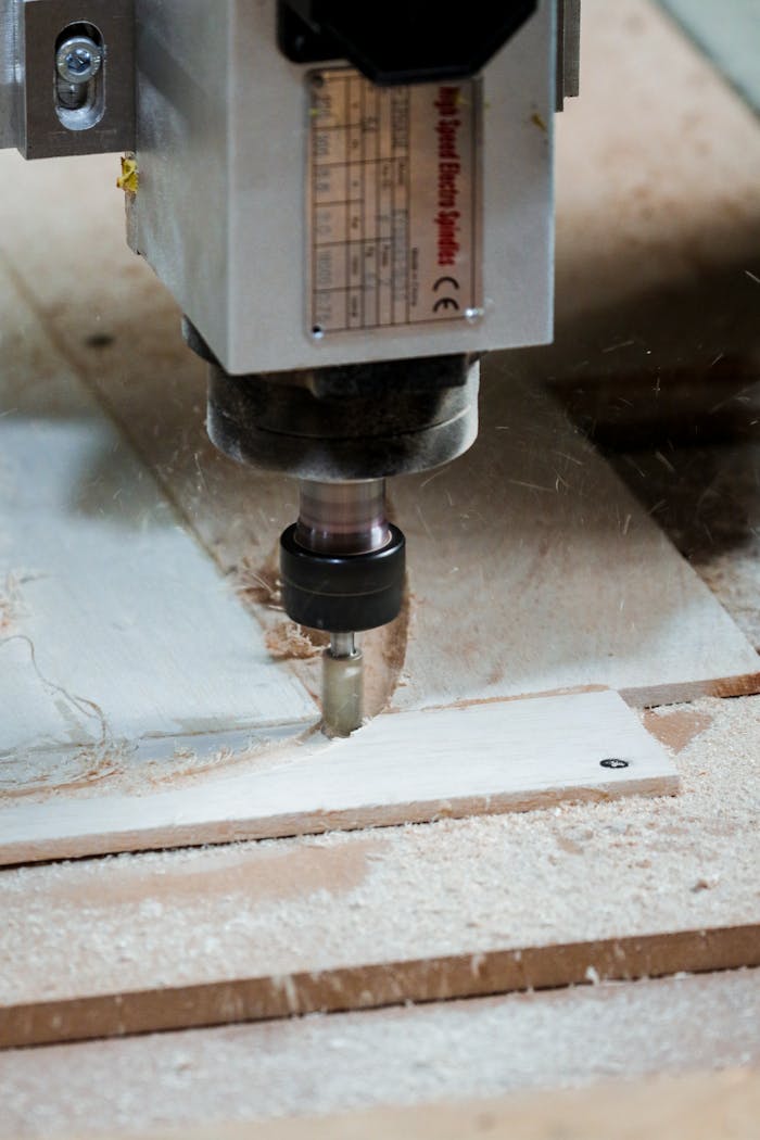 about-us-01 Close-up of a milling machine cutting wood in a workshop setting.