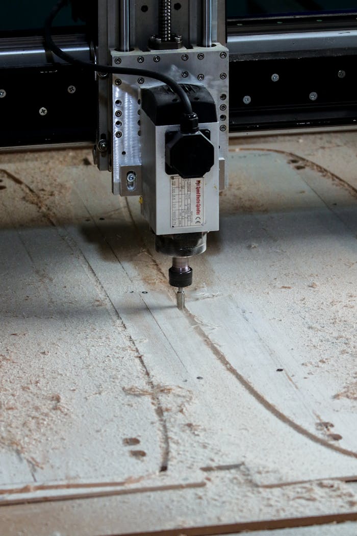 about-us-02 Close-up of a CNC machine in operation, showcasing precision cutting in a workshop setting.